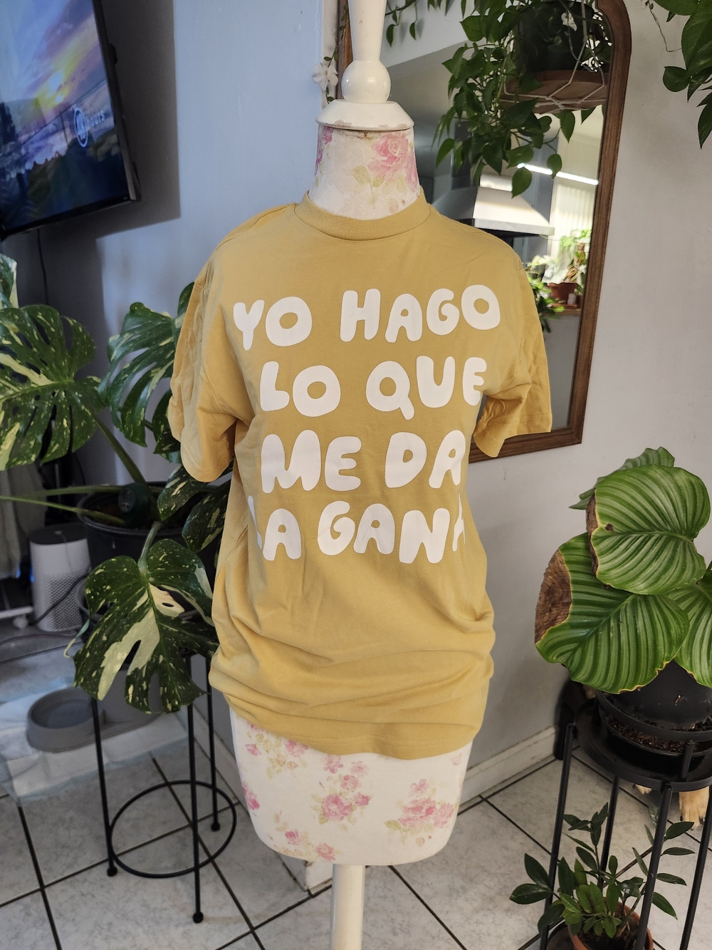 Mustard Yellow Graphic Tee with White Spanish Slogan